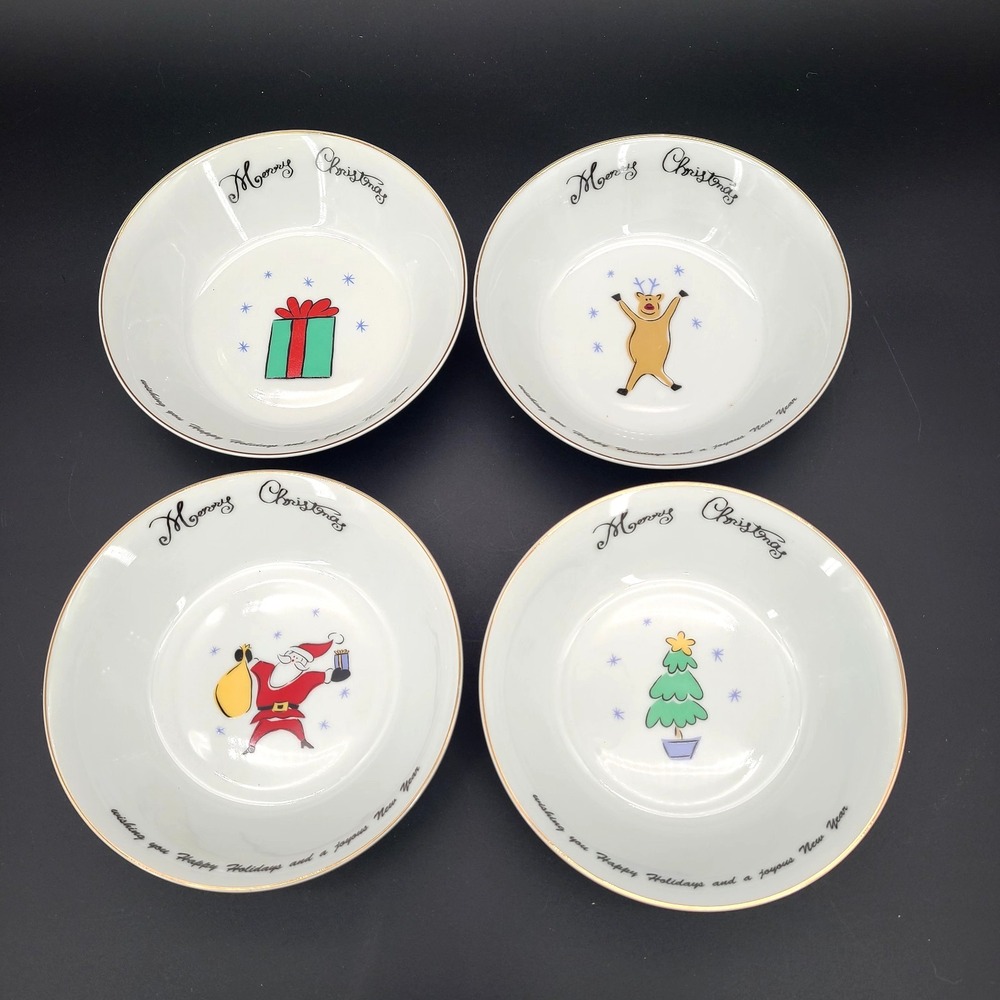Vintage 2001 Merry Brite Merry Christmas Bowls Set of 4 Santa Reindeer